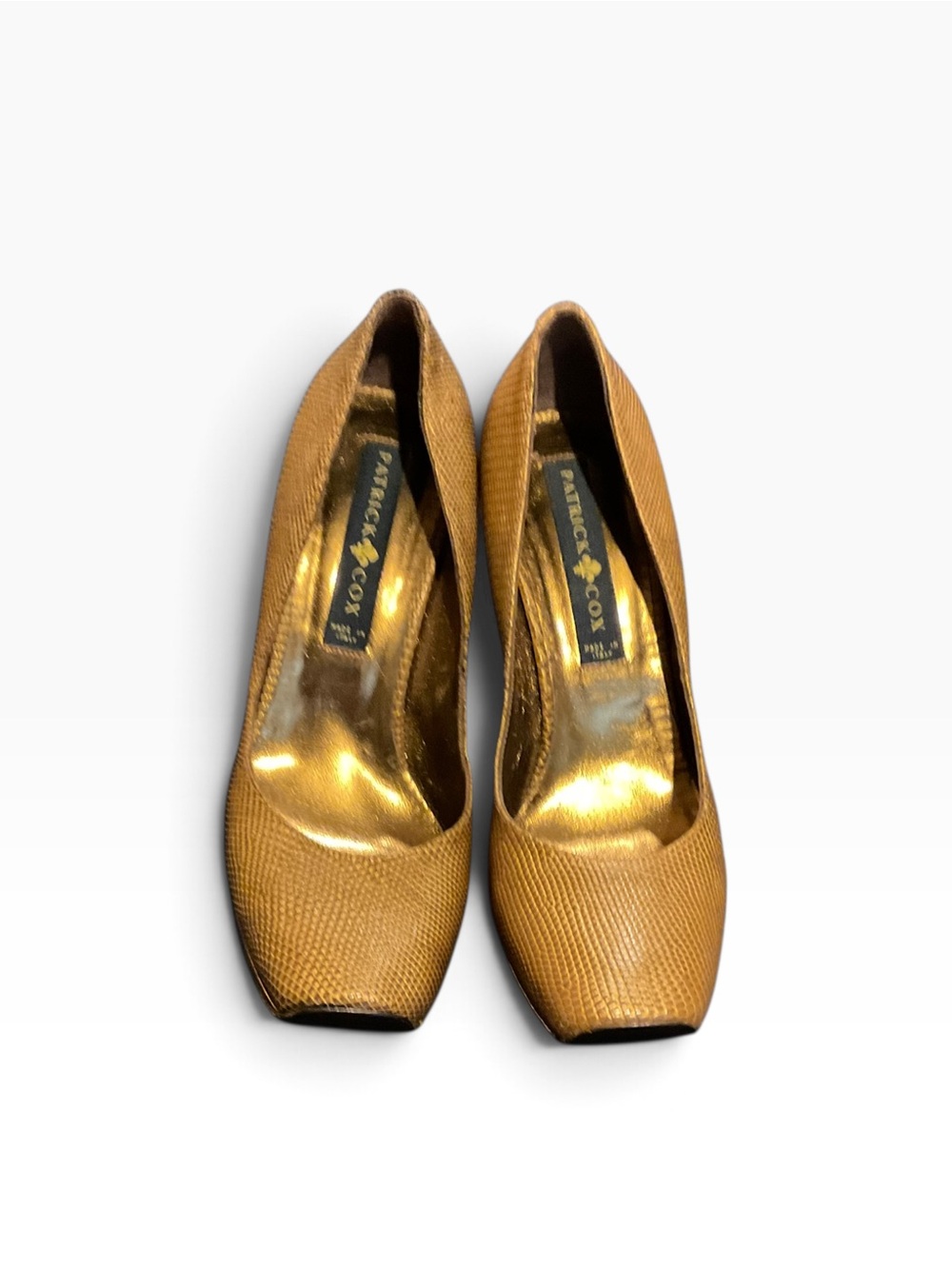 Patrick Cox Metallic Gold Textured Square-Toe Pumps